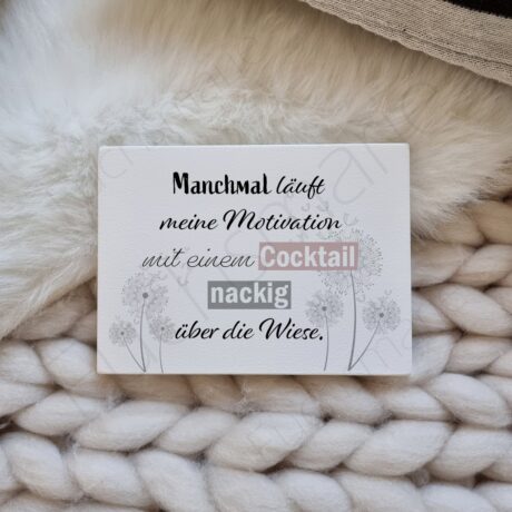 Schild mit Spruch. Manchmal läuft meine Motivation mit einem Cocktail nackig über die Wiese.