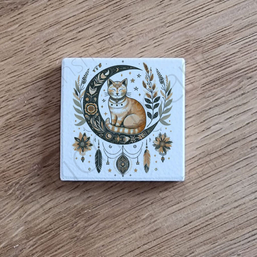 Magnet mit Katze auf Mond, Halbmond im Bohemian Stile.