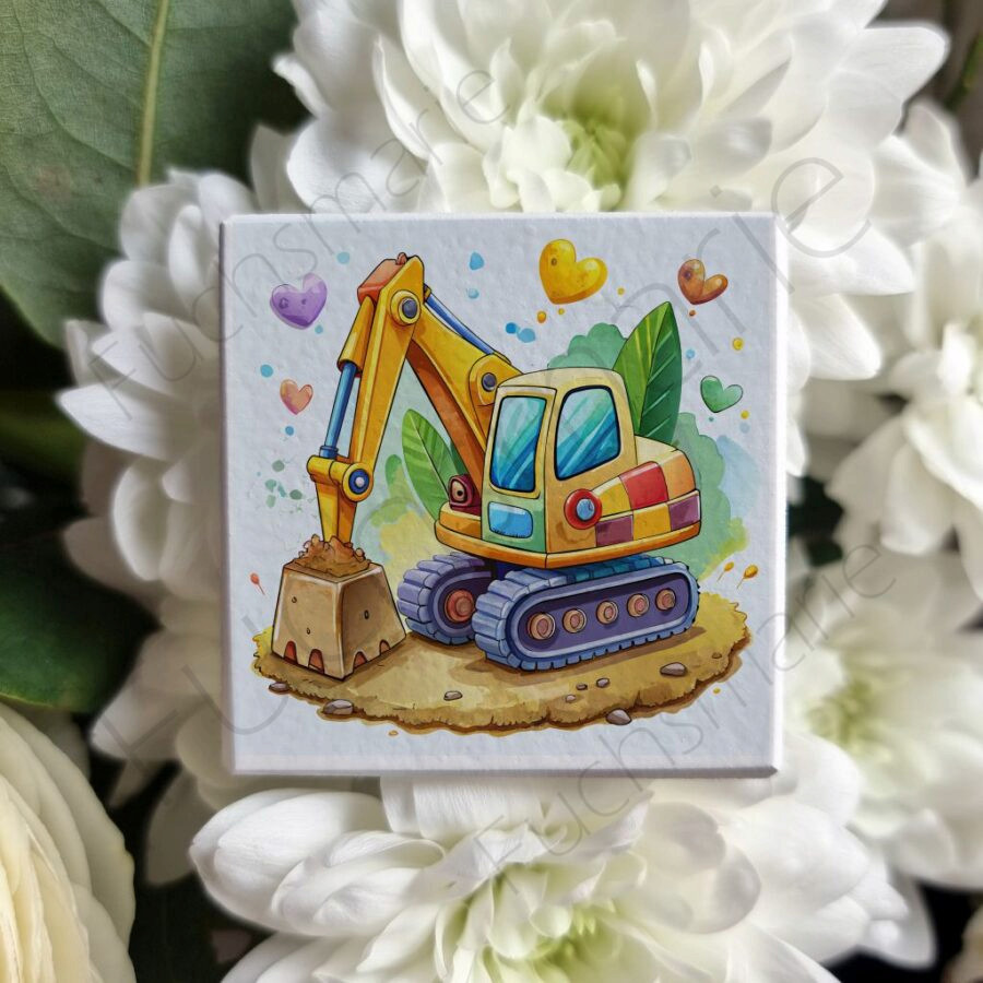 Magnet aus Holz, Bagger in Gelb, niedlich mit Herzen.