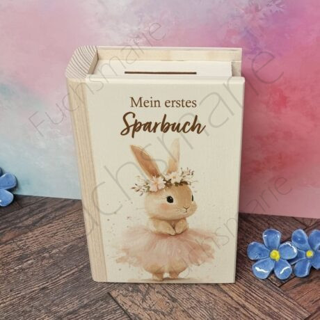 Sparbuch aus Holz mit Motiv Hase