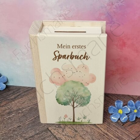 Sparbuch aus Holz mit Motiv Baum und Wolke