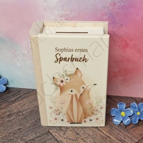 Sparbuch aus Holz mit Schloss zum Öffnen, Motiv Fuchs und Blumen