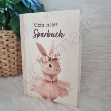 Sparbuch aus Holz mit Motiv Hase