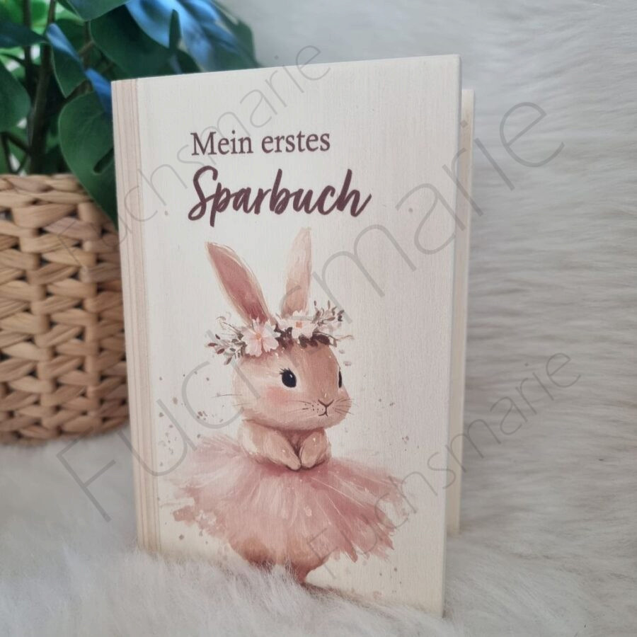 Sparbuch aus Holz mit Motiv Hase