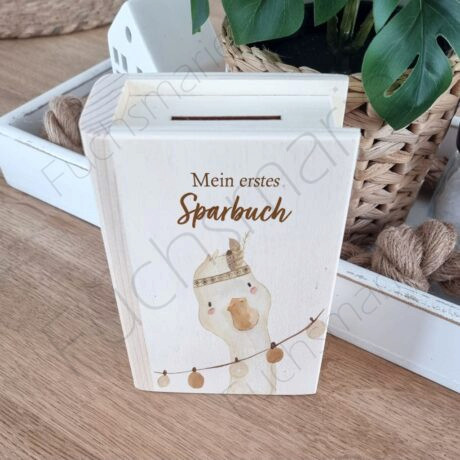 Sparbuch aus Holz mit Motiv Gans