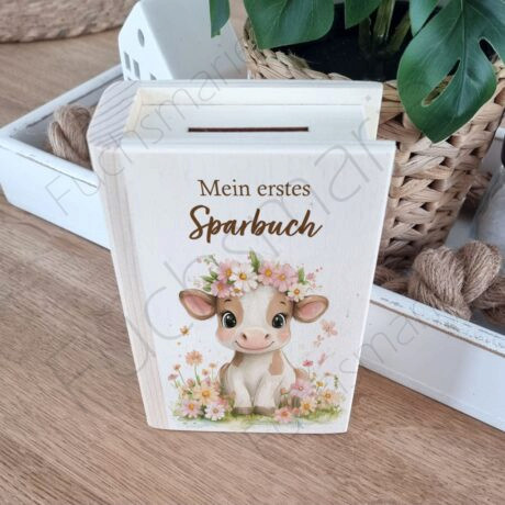 Sparbuch aus Holz mit Motiv Kuh in Blumen