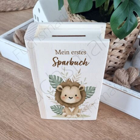 Sparbuch aus Holz Motiv Löwe