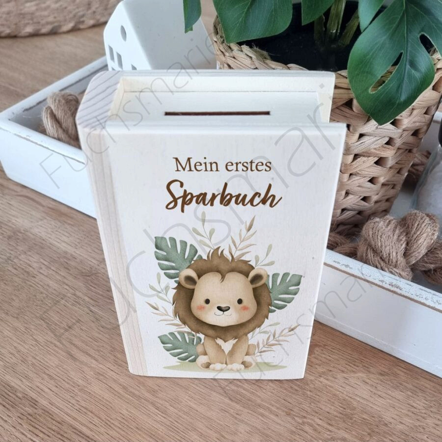 Sparbuch aus Holz Motiv Löwe