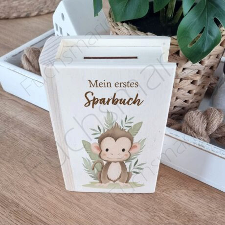 Spardose aus Holz mit Motiv Affe