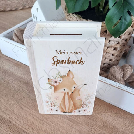 Sparbuch aus Holz mit Fuchs und Blumen