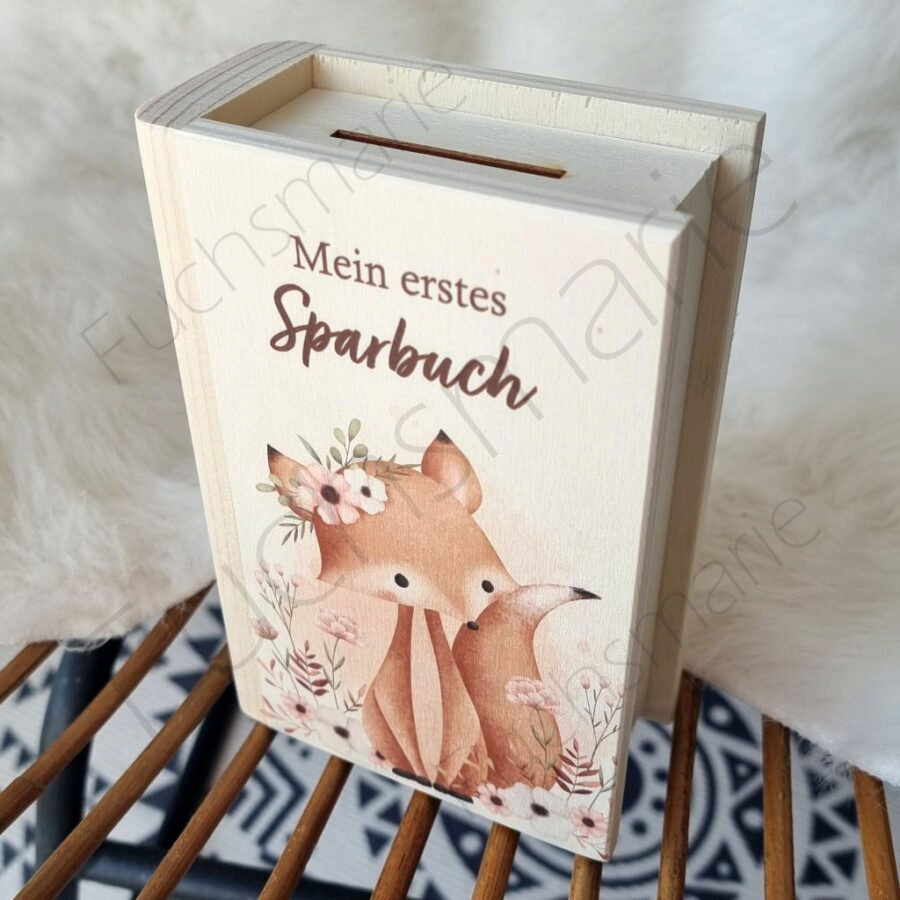 Sparbuch aus Holz mit Fuchs und Blumen