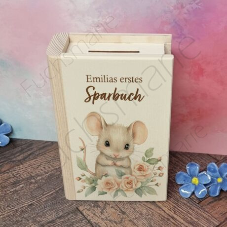 Sparbuch aus Holz mit Maus Motiv