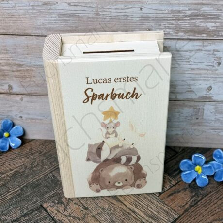 Sparbuch aus Holz mit Schloss zum Öffnen und Motiv Tieren