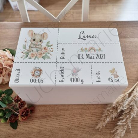 Erinnerungskiste mit Geburtsdaten und Maus Motiv