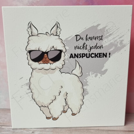 Holzschild mit Text: Du kannst nicht jeden anspucken. Lama Motiv mit Sonnenbrille