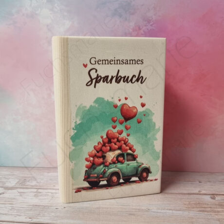 Neues bei Fuchsmarie | 14 | 0561 | Sparbuch aus Holz mit Motiv Auto und Herzen