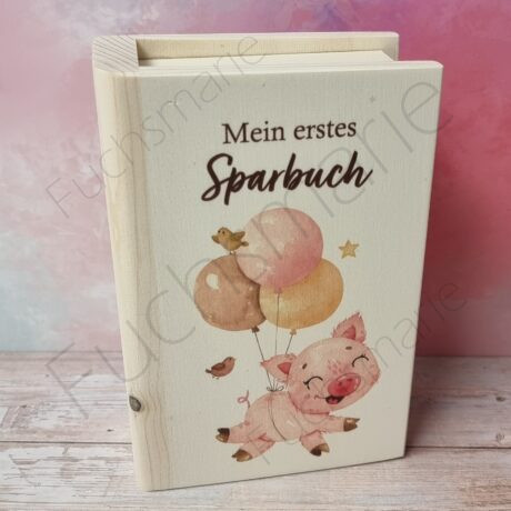 Sparbuch aus Holz mit Motiv Ferkel und Luftballons